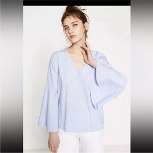 Zara | Blue & White Stripe | Bell Sleeve | V-Neck Top  | Size Small